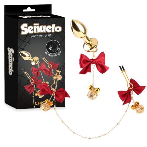 Набір анальна пробка + затискачі для сосків з червоними стрічками - 79050503