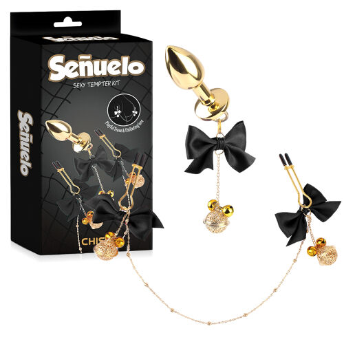 Набір анальний пробка + затискачі для сосків з чорними стрічками - 77956562