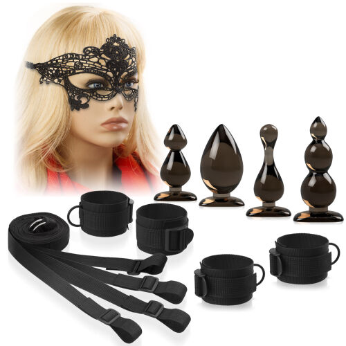 BDSM-набір для пар - наручники, мереживна маска, 4 анальні пробки - 73076582