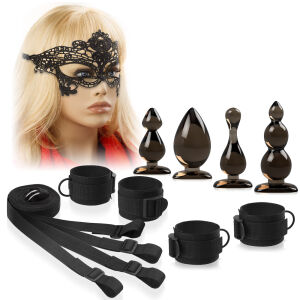 BDSM-набір для пар - наручники, мереживна маска, 4 анальні пробки - 73076582